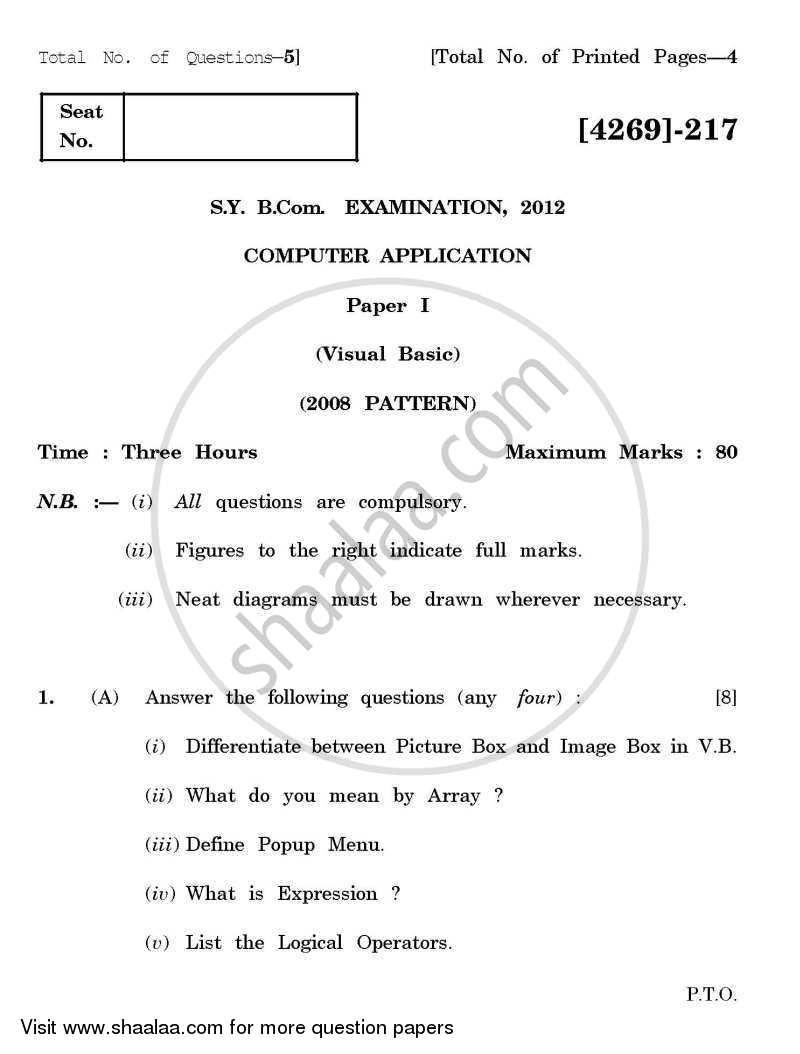 Computer Application - Visual Basic 2012-2013 - B.Com. - 2nd Year (SYBcom) - University of Pune question paper with PDF download