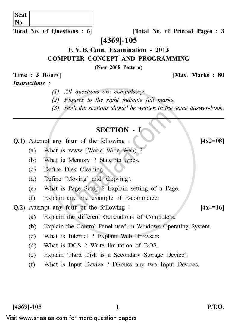Computer Concepts and Programming 2012-2013 - B.Com. - 1st Year (FYBcom) - University of Pune question paper with PDF download