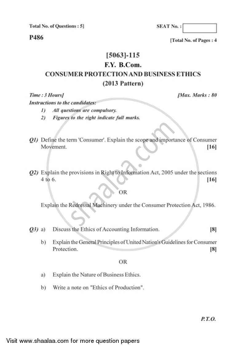 Consumer Protection and Business Ethics 2016-2017 - B.Com. - 1st Year (FYBcom) - University of Pune question paper with PDF download
