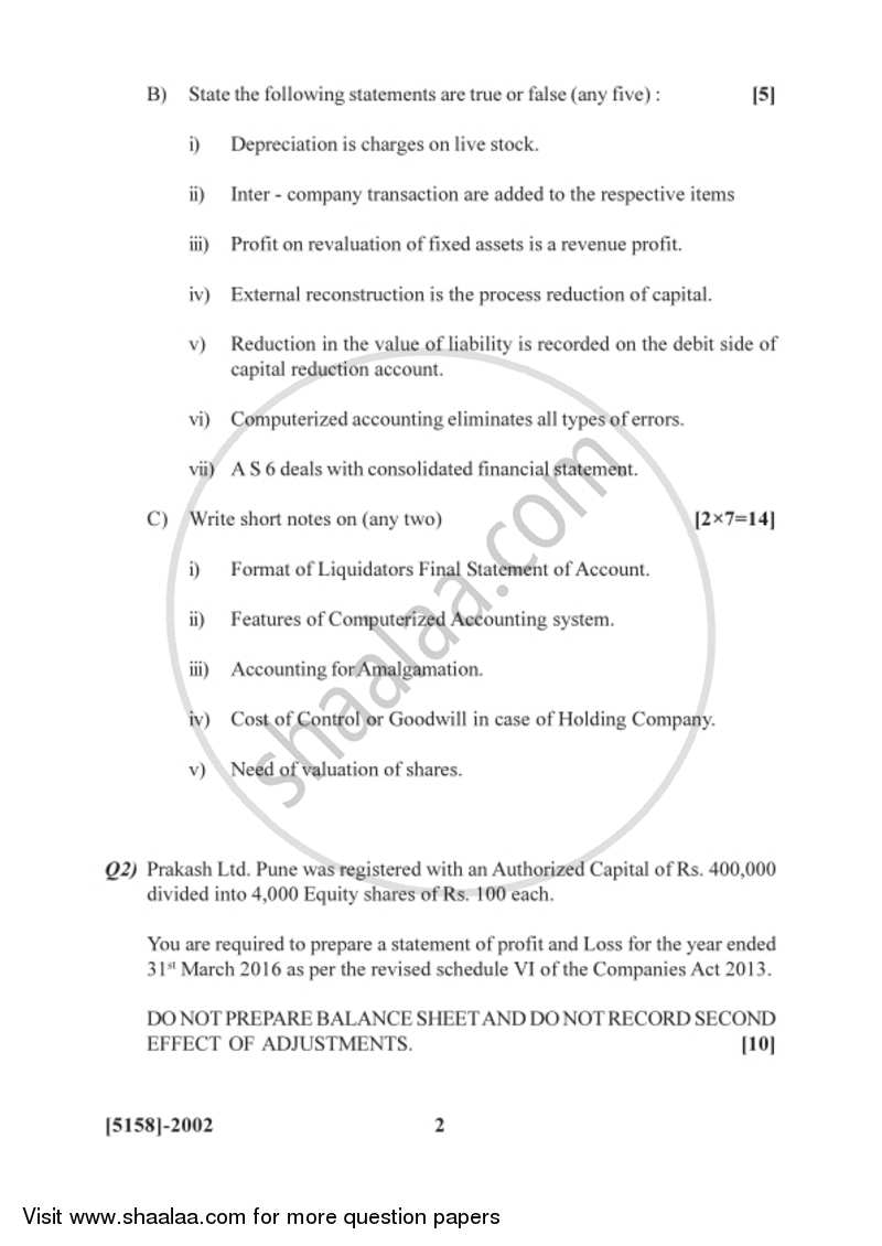 Corporate Accounting 2016-2017 - B.Com. - 2nd Year (SYBcom) - University of Pune question paper with PDF download