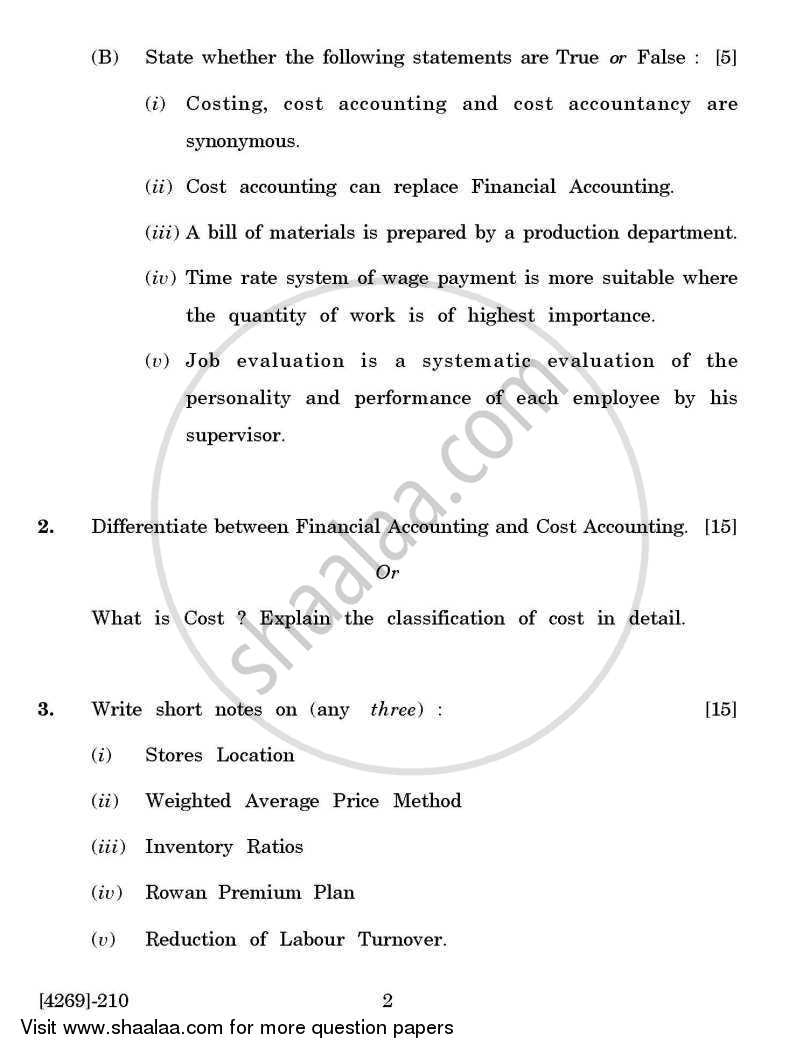 Cost and Works Accounting 1 2012-2013 - B.Com. - 2nd Year (SYBcom) - University of Pune question paper with PDF download