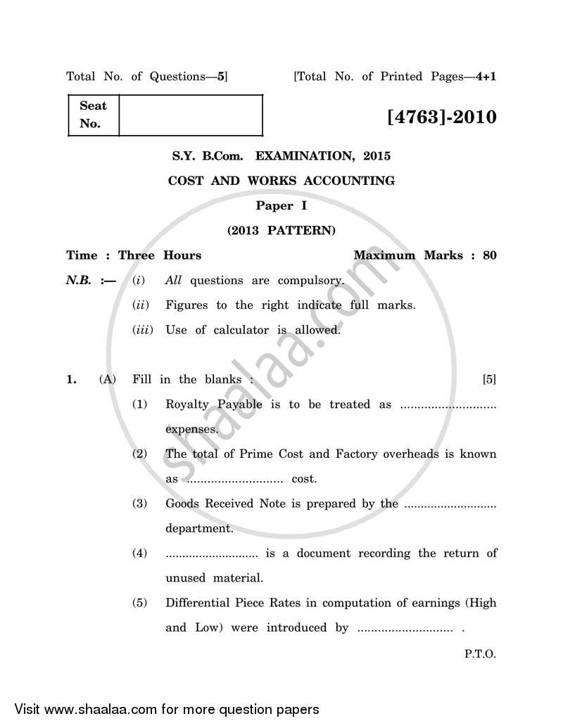 Cost and Works Accounting 1 2014-2015 - B.Com. - 2nd Year (SYBcom) - University of Pune question paper with PDF download