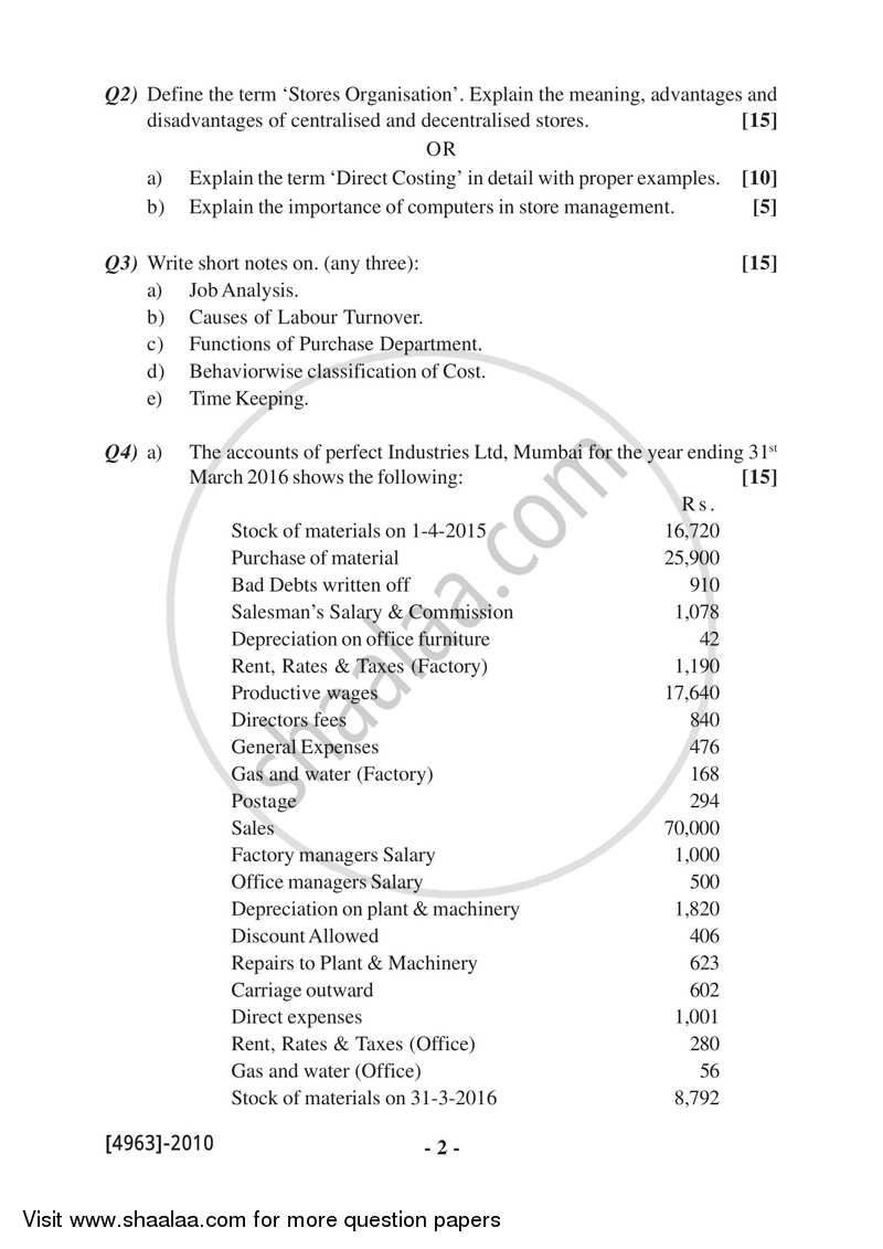 Cost and Works Accounting 1 2015-2016 - B.Com. - 2nd Year (SYBcom) - University of Pune question paper with PDF download
