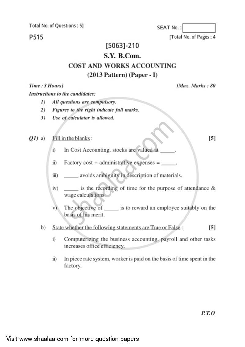 Cost and Works Accounting 1 2016-2017 - B.Com. - 2nd Year (SYBcom) - University of Pune question paper with PDF download