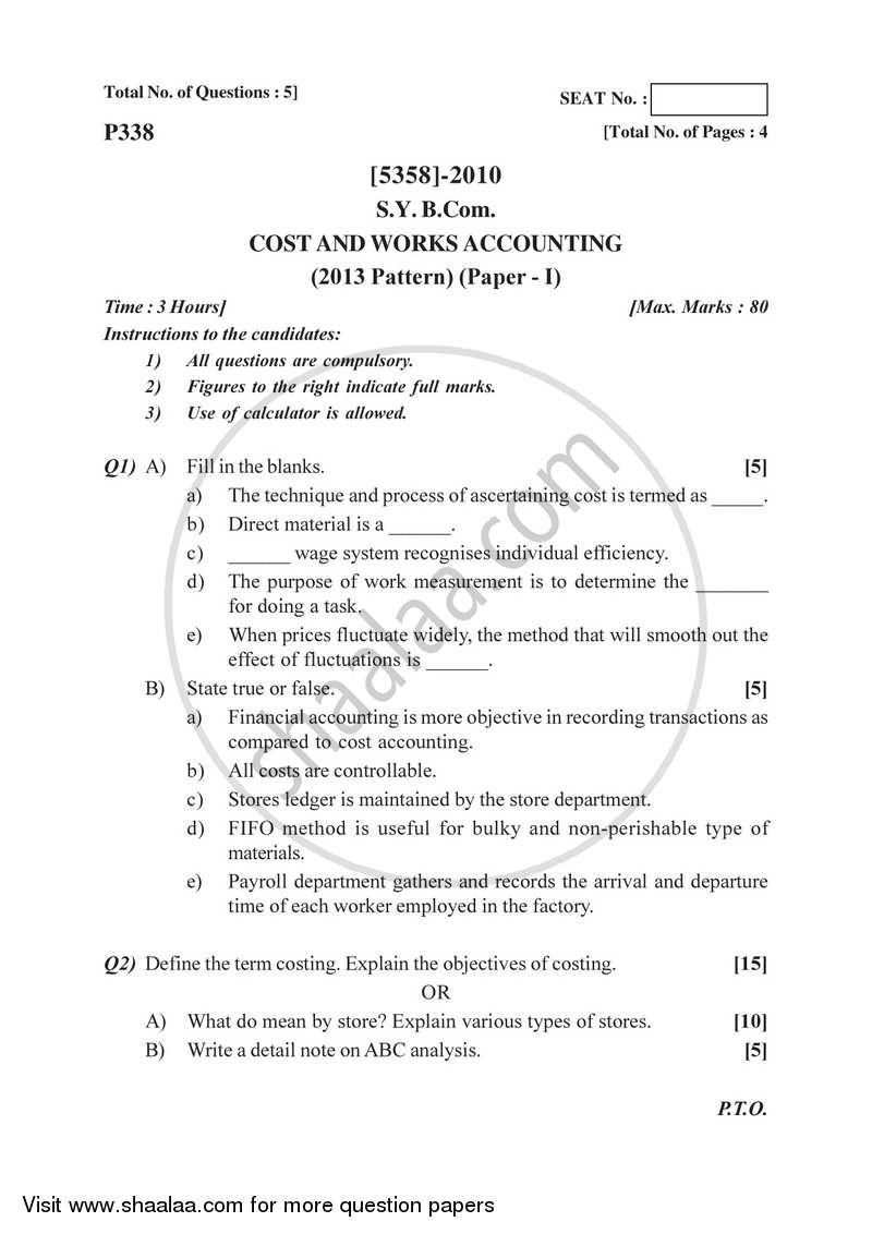 Cost and Works Accounting 1 2017-2018 - B.Com. - 2nd Year (SYBcom) - University of Pune question paper with PDF download