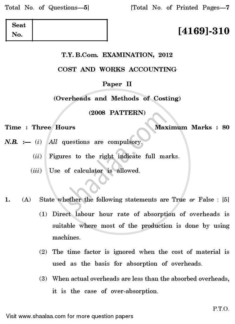 Cost and Works Accounting 2 2011-2012 - B.Com. - 3rd Year (TYBcom) - University of Pune question paper with PDF download