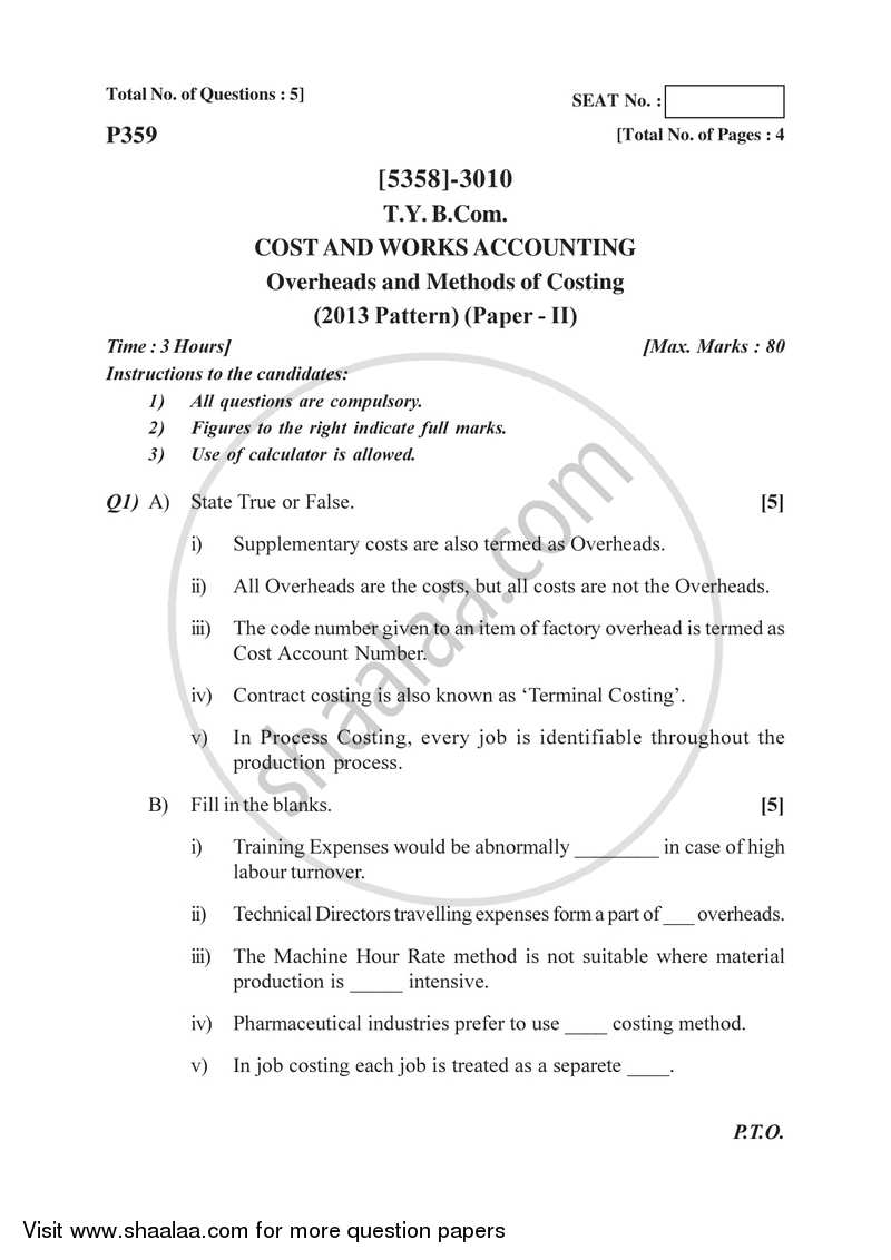 Cost and Works Accounting 2 2017-2018 - B.Com. - 3rd Year (TYBcom) - University of Pune question paper with PDF download