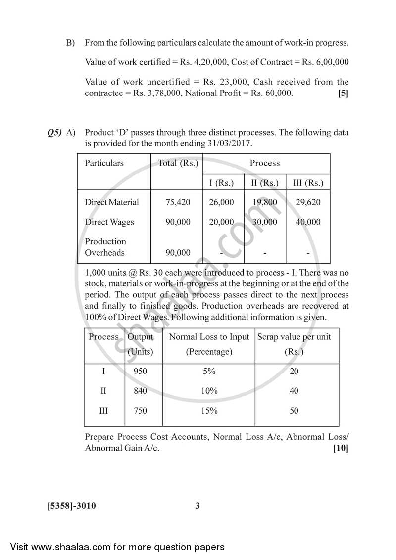 Cost and Works Accounting 2 2017-2018 - B.Com. - 3rd Year (TYBcom) - University of Pune question paper with PDF download