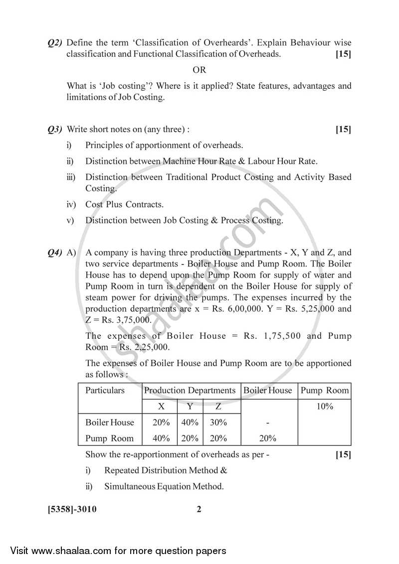 Cost and Works Accounting 2 2017-2018 - B.Com. - 3rd Year (TYBcom) - University of Pune question paper with PDF download