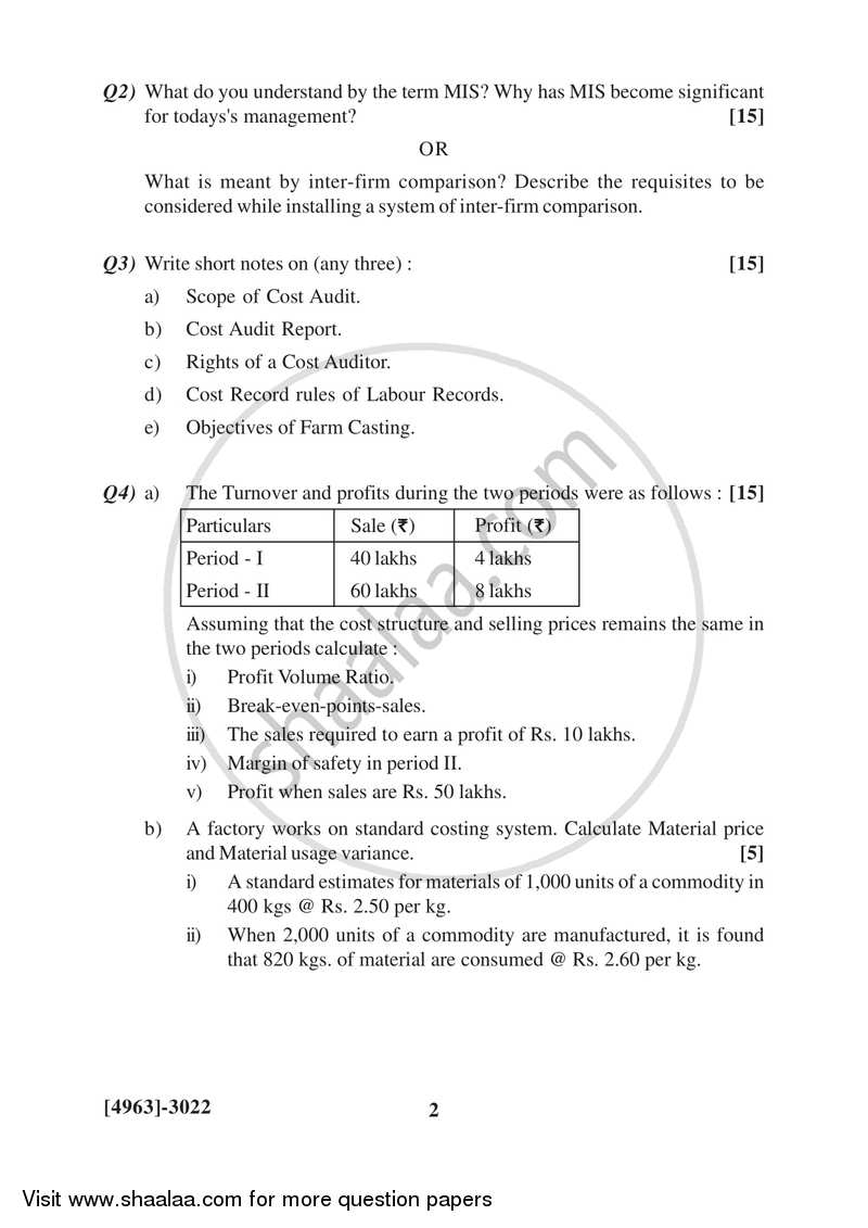 Cost and Works Accounting 3 2015-2016 - B.Com. - 3rd Year (TYBcom) - University of Pune question paper with PDF download