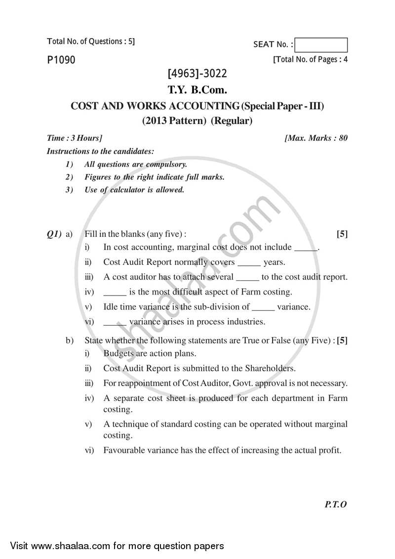 Cost and Works Accounting 3 2015-2016 - B.Com. - 3rd Year (TYBcom) - University of Pune question paper with PDF download