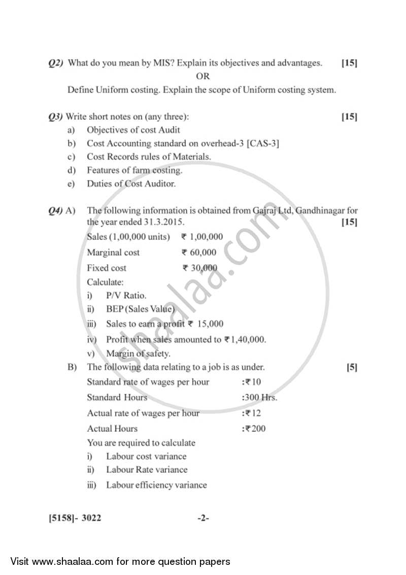 Cost and Works Accounting 3 2016-2017 - B.Com. - 3rd Year (TYBcom) - University of Pune question paper with PDF download