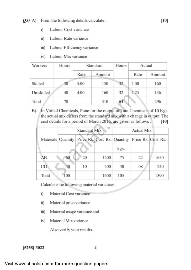 Cost and Works Accounting 3 2017-2018 - B.Com. - 3rd Year (TYBcom) - University of Pune question paper with PDF download