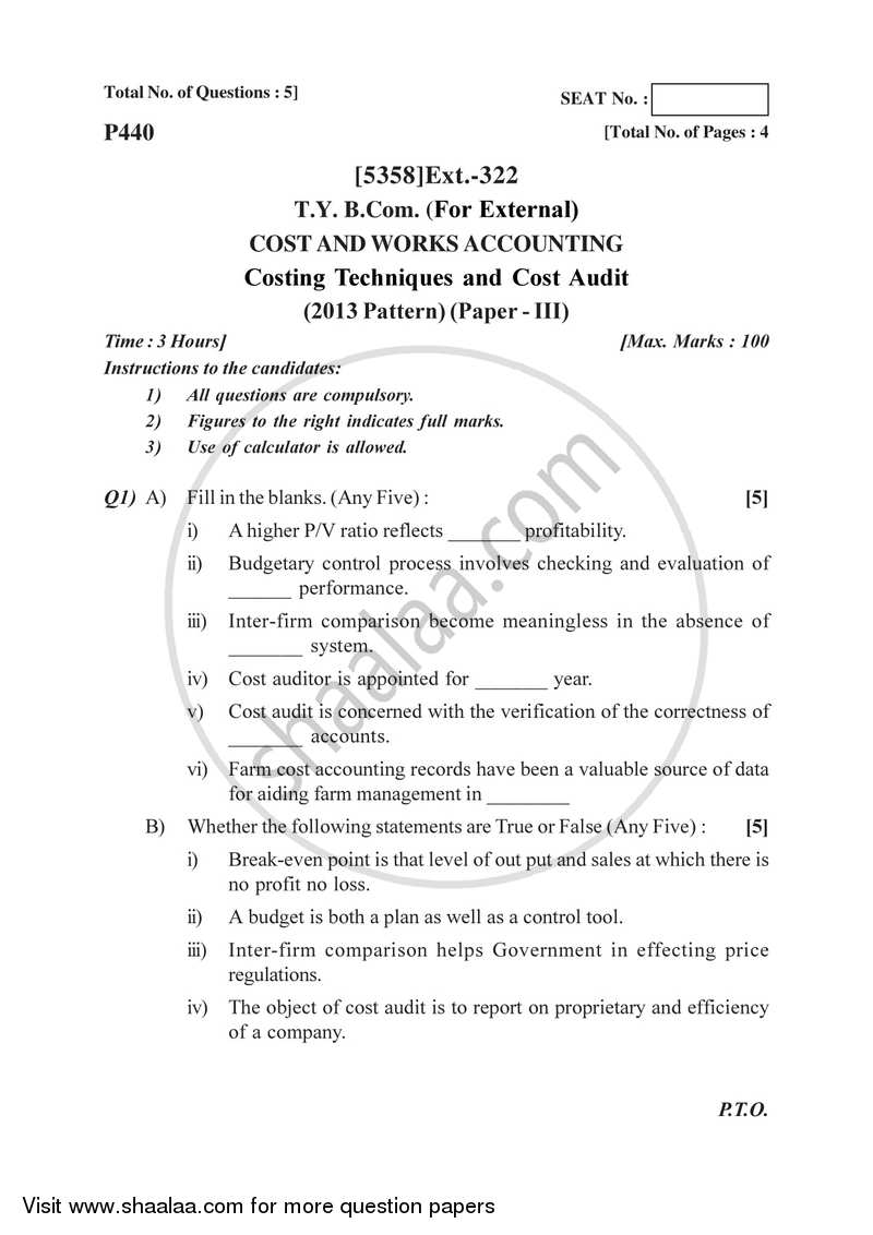 Cost and Works Accounting 3 2017-2018 - B.Com. - 3rd Year (TYBcom) - University of Pune question paper with PDF download