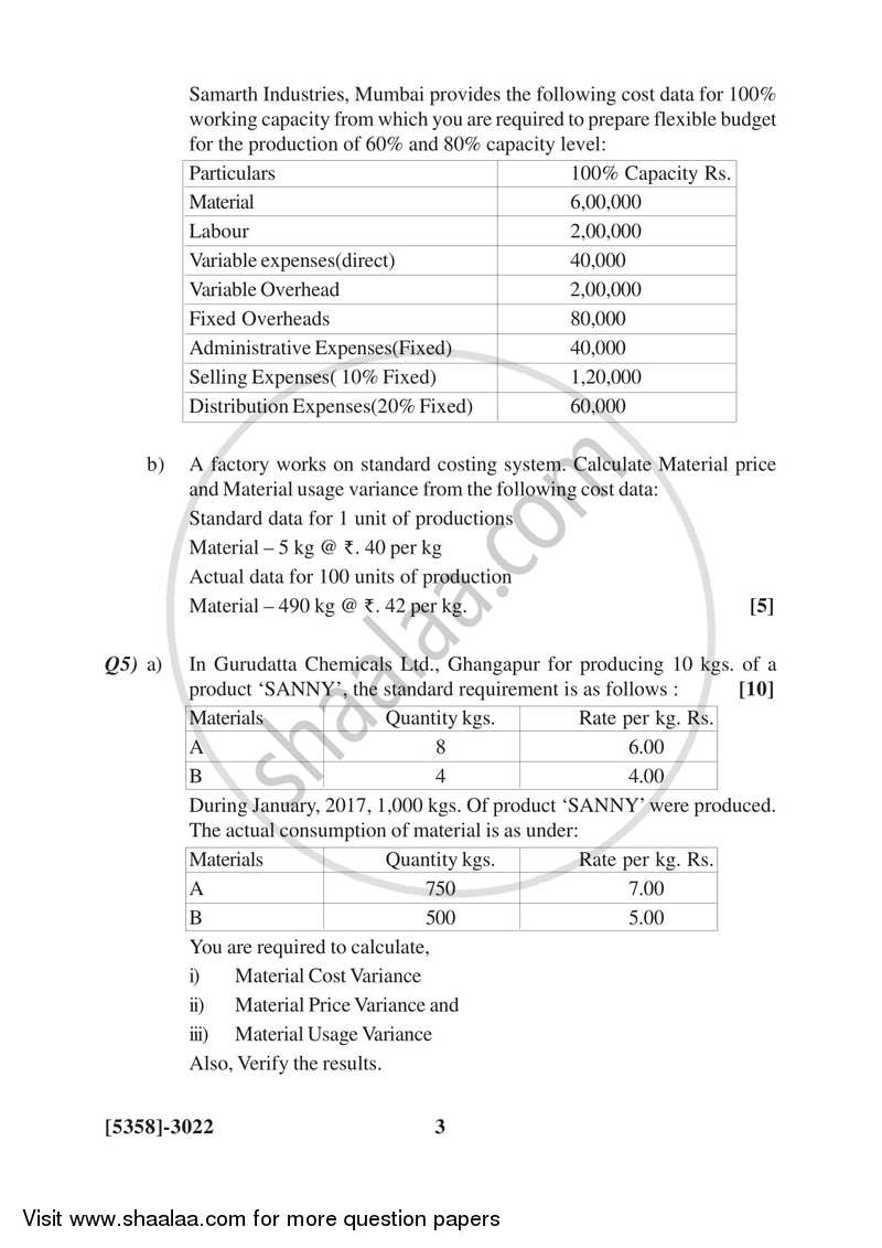 Cost and Works Accounting 3 2017-2018 - B.Com. - 3rd Year (TYBcom) - University of Pune question paper with PDF download