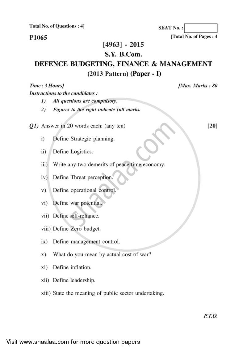 Defence Budgeting, Finance and Management 1 2015-2016 - B.Com. - 2nd Year (SYBcom) - University of Pune question paper with PDF download