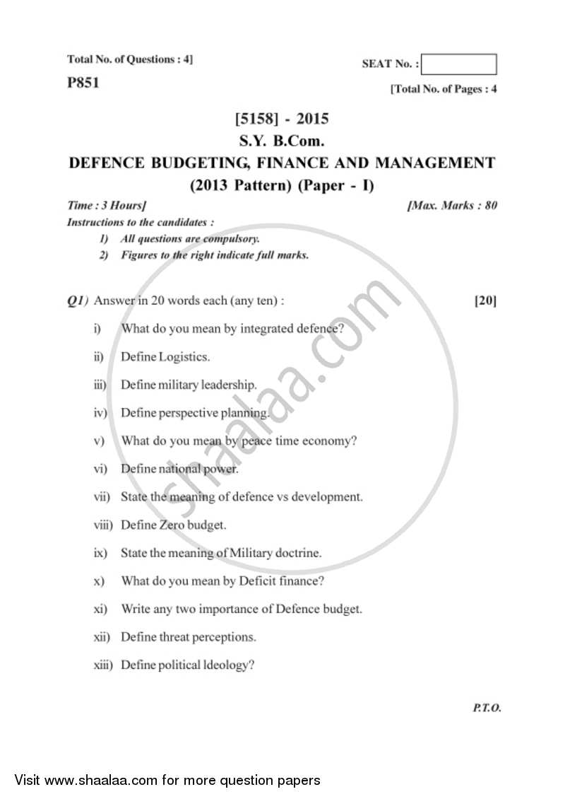 Defence Budgeting, Finance and Management 1 2016-2017 - B.Com. - 2nd Year (SYBcom) - University of Pune question paper with PDF download