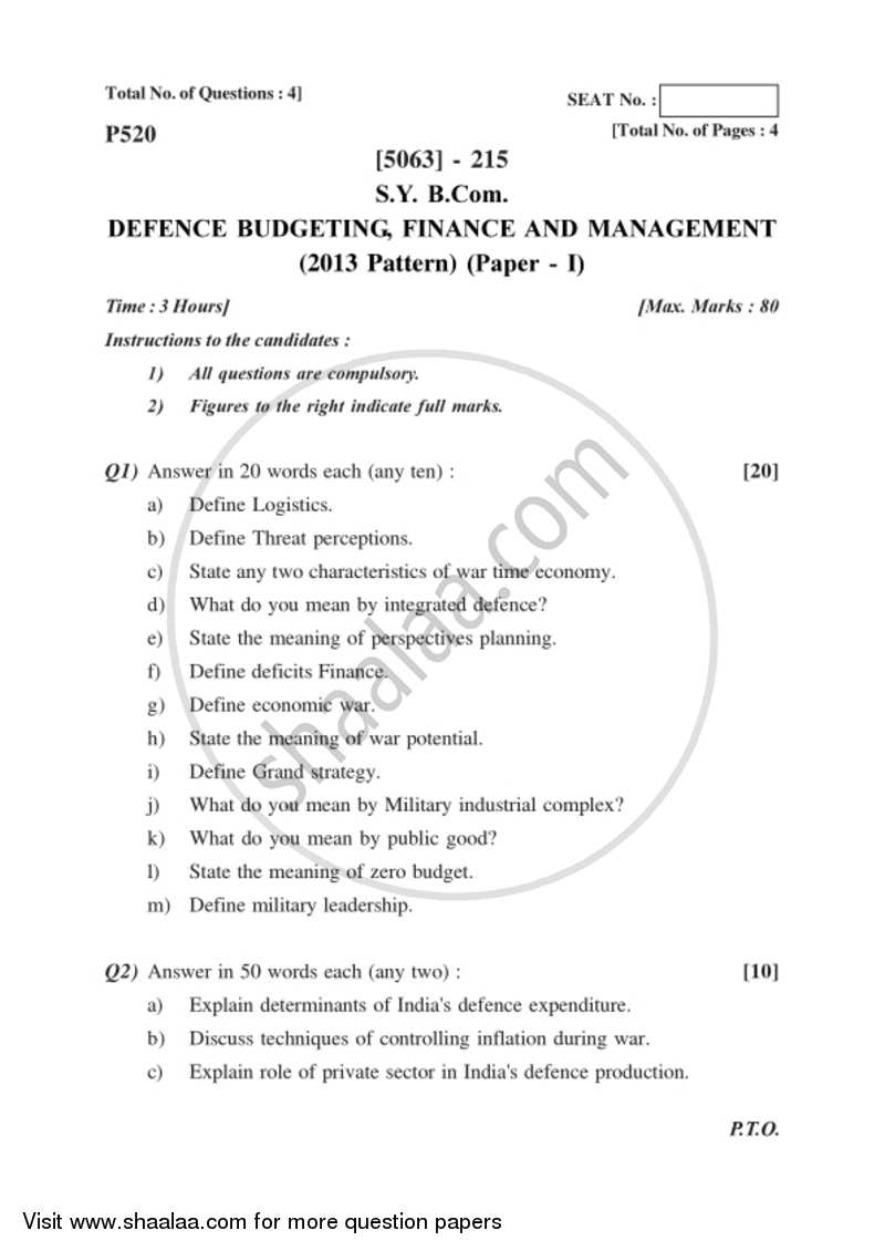 Defence Budgeting, Finance and Management 1 2016-2017 - B.Com. - 2nd Year (SYBcom) - University of Pune question paper with PDF download
