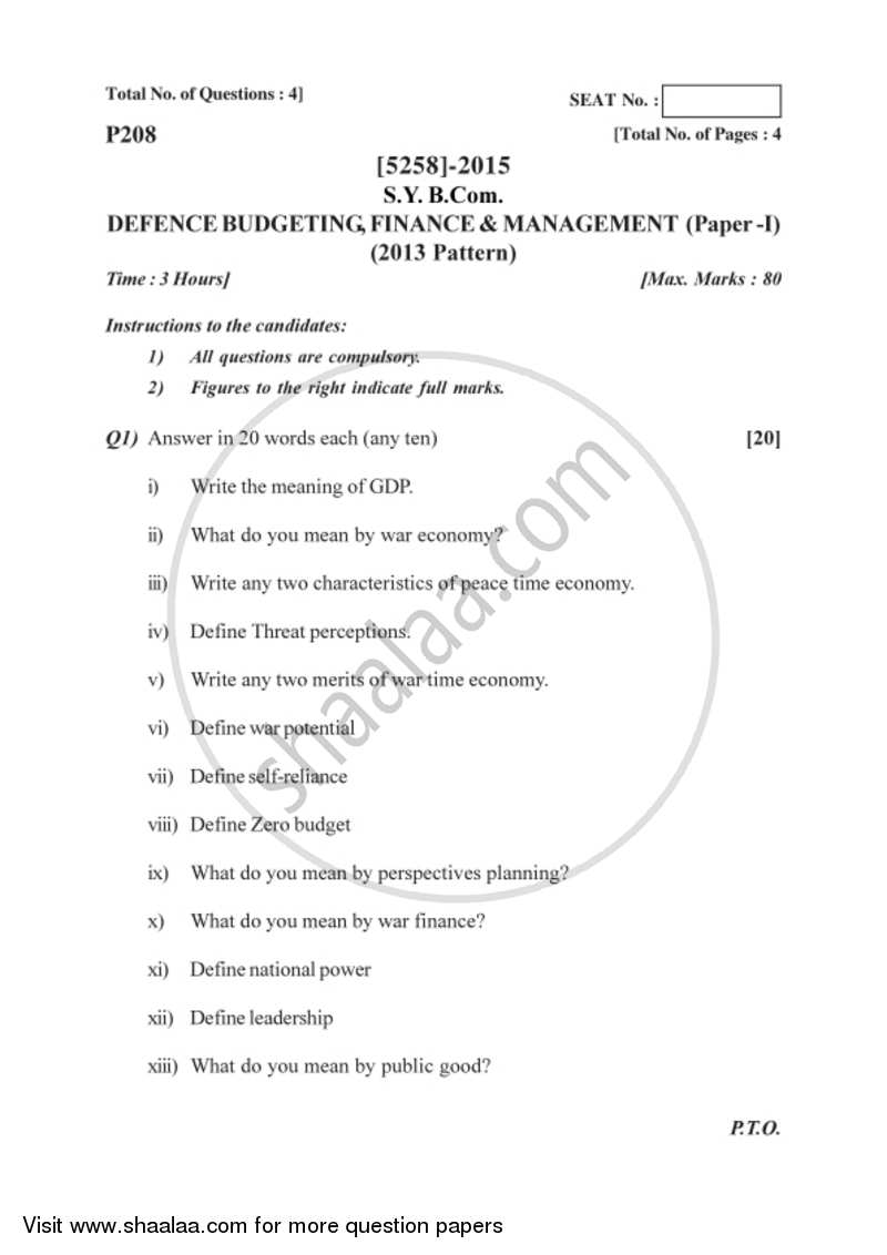 Defence Budgeting, Finance and Management 1 2017-2018 - B.Com. - 2nd Year (SYBcom) - University of Pune question paper with PDF download