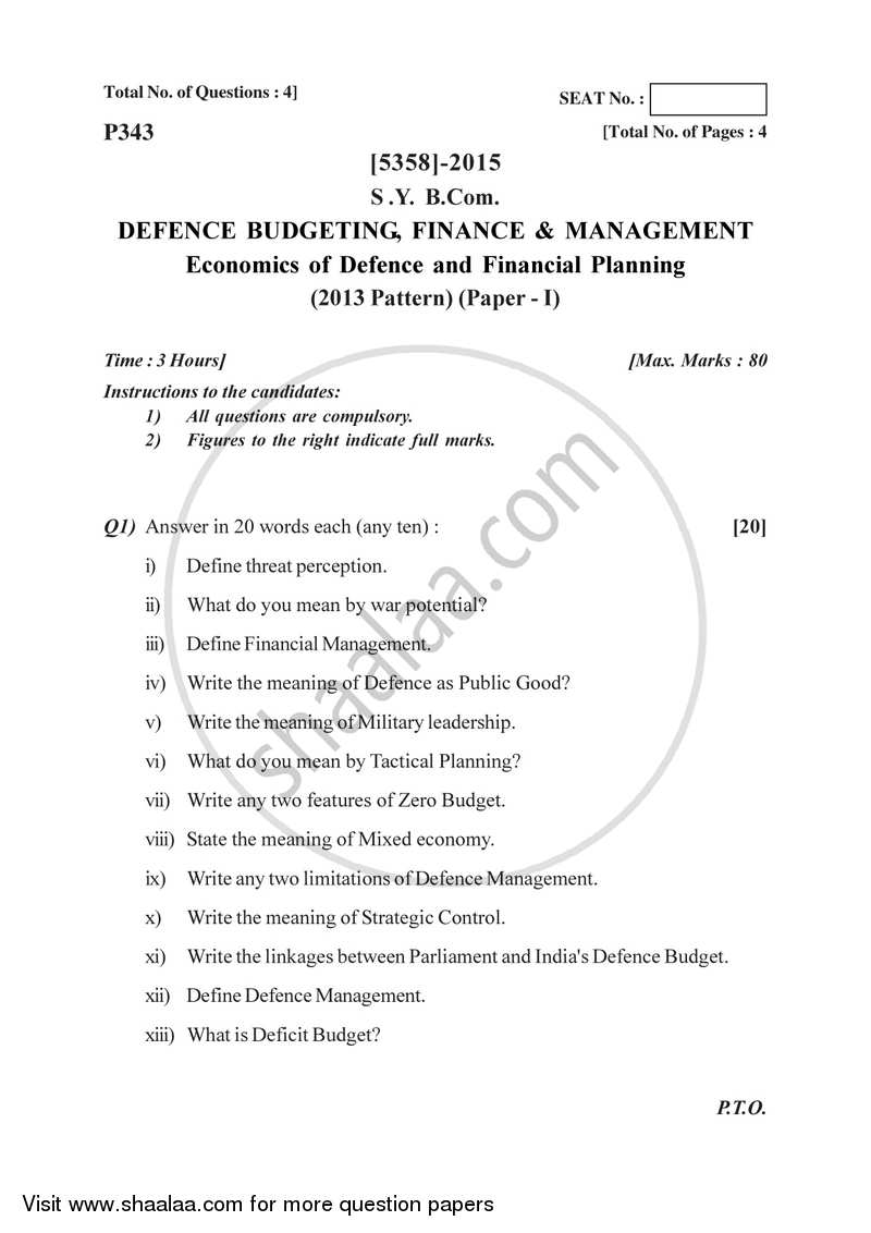 Defence Budgeting, Finance and Management 1 2017-2018 - B.Com. - 2nd Year (SYBcom) - University of Pune question paper with PDF download