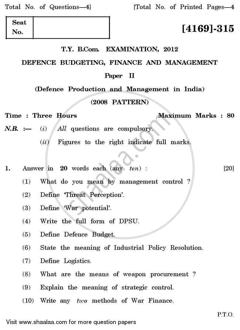Defence Budgeting, Finance and Management 2 2011-2012 - B.Com. - 3rd Year (TYBcom) - University of Pune question paper with PDF download