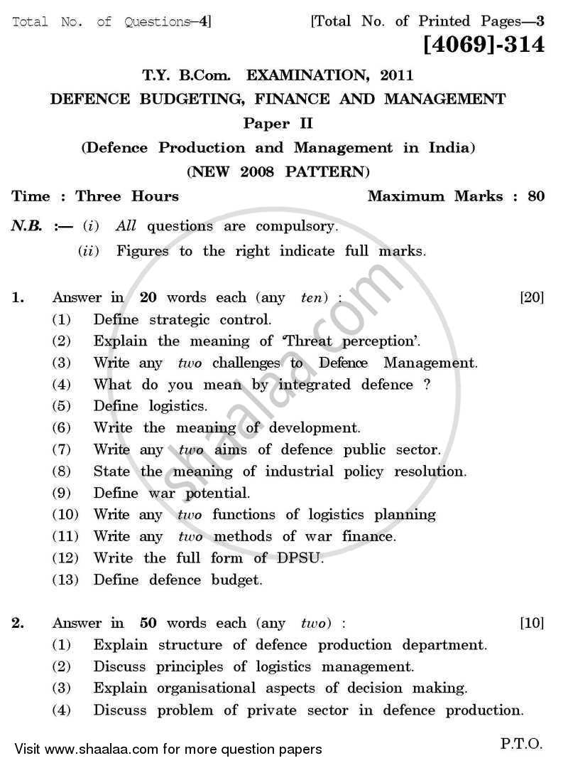 Defence Budgeting, Finance and Management 2 2011-2012 - B.Com. - 3rd Year (TYBcom) - University of Pune question paper with PDF download