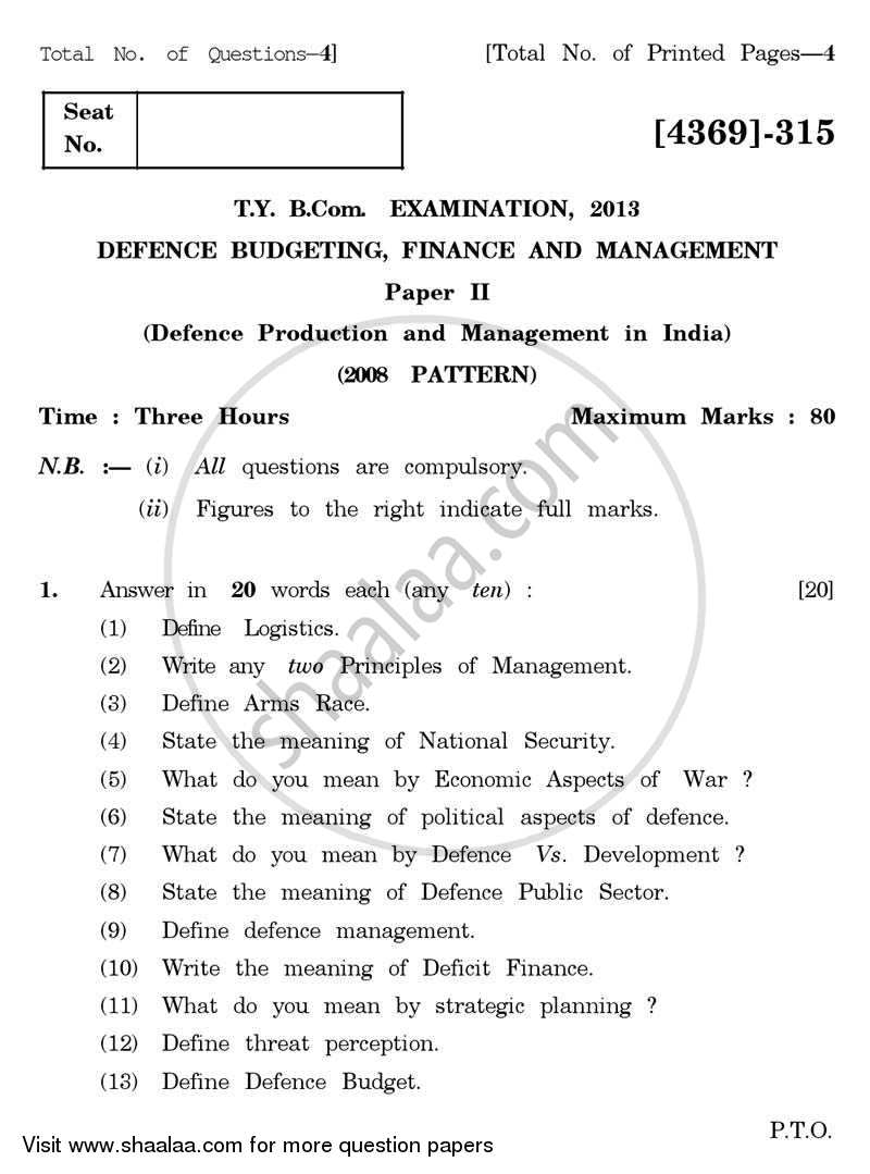 Defence Budgeting, Finance and Management 2 2012-2013 - B.Com. - 3rd Year (TYBcom) - University of Pune question paper with PDF download