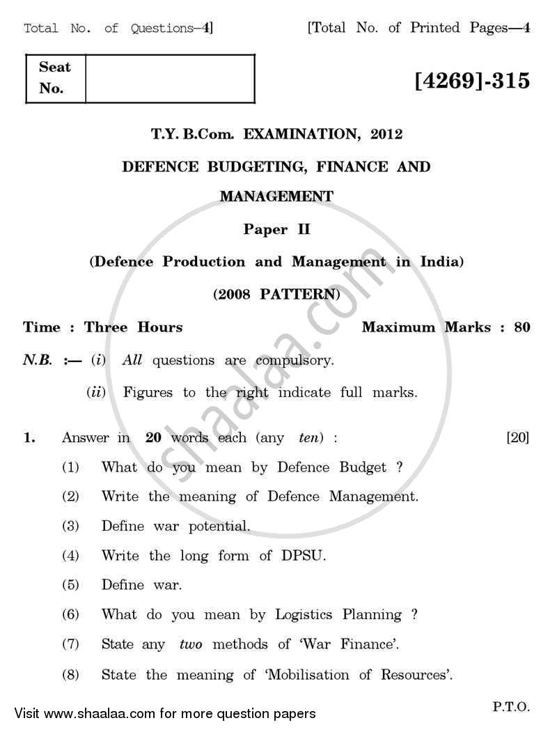 Defence Budgeting, Finance and Management 2 2012-2013 - B.Com. - 3rd Year (TYBcom) - University of Pune question paper with PDF download