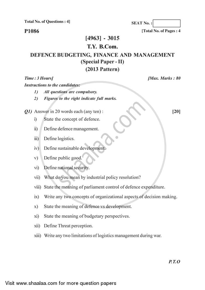 Defence Budgeting, Finance and Management 2 2015-2016 - B.Com. - 3rd Year (TYBcom) - University of Pune question paper with PDF download
