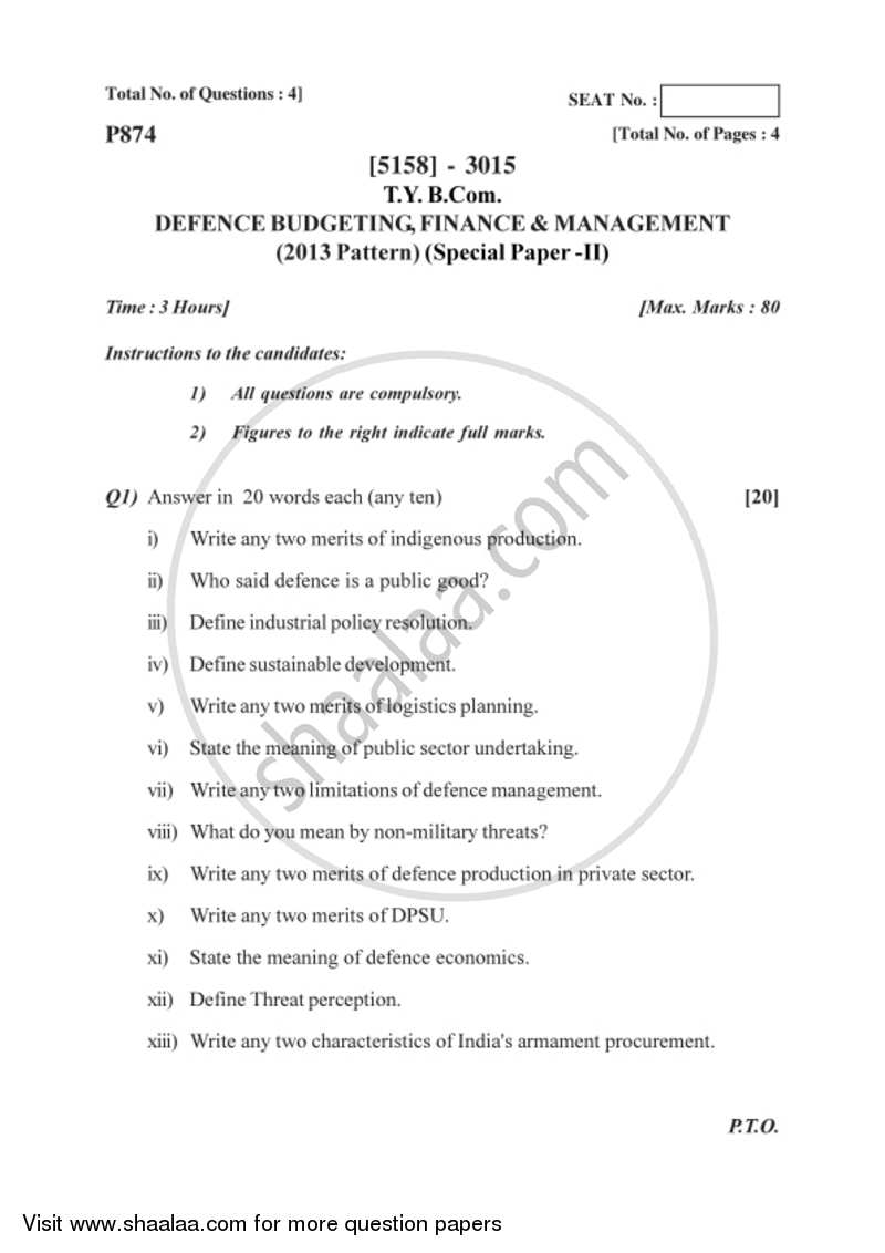 Defence Budgeting, Finance and Management 2 2016-2017 - B.Com. - 3rd Year (TYBcom) - University of Pune question paper with PDF download