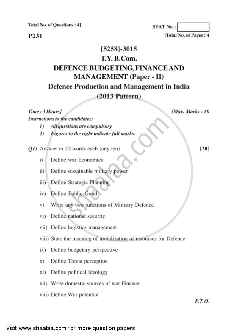 Defence Budgeting, Finance and Management 2 2017-2018 - B.Com. - 3rd Year (TYBcom) - University of Pune question paper with PDF download