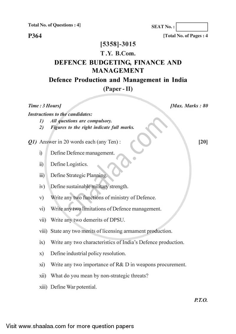 Defence Budgeting, Finance and Management 2 2017-2018 - B.Com. - 3rd Year (TYBcom) - University of Pune question paper with PDF download