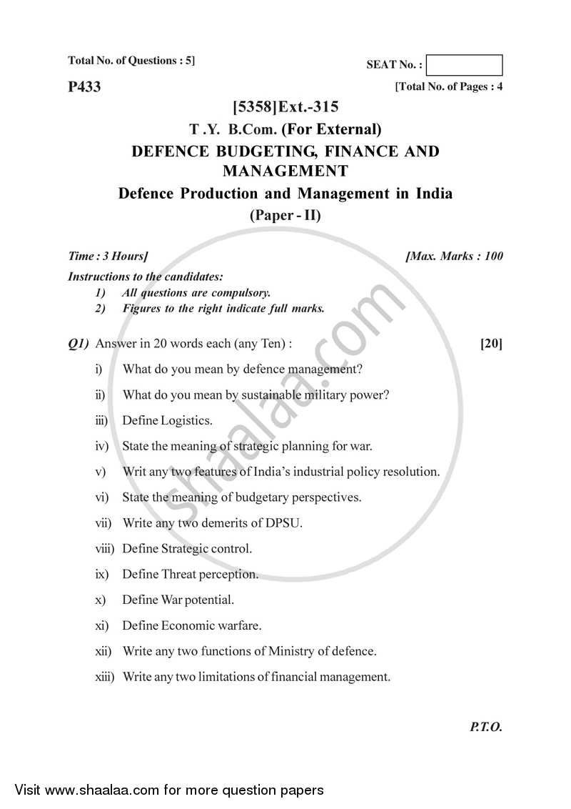 Defence Budgeting, Finance and Management 2 2017-2018 - B.Com. - 3rd Year (TYBcom) - University of Pune question paper with PDF download