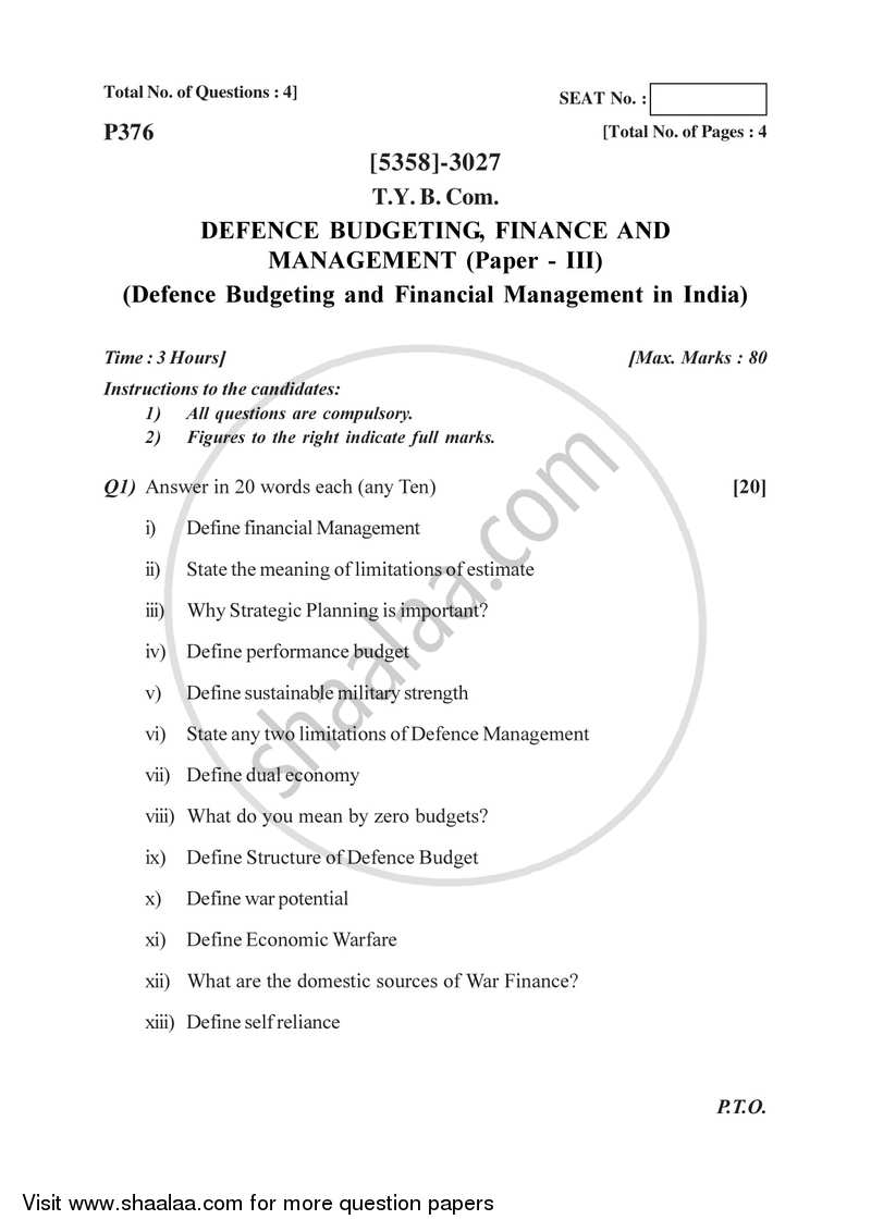 Defence Budgeting, Finance and Management 3 2017-2018 - B.Com. - 3rd Year (TYBcom) - University of Pune question paper with PDF download