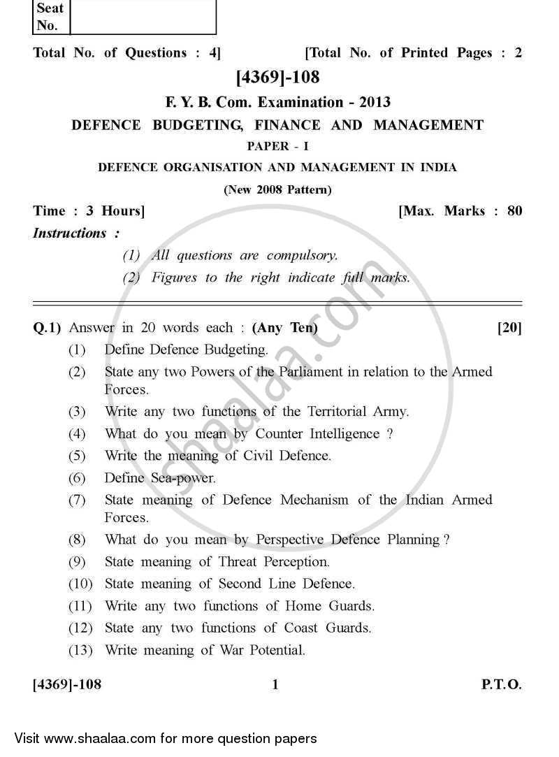 Defence Budgeting Finance and Management Paper 1- Defence Organization and Management in India 2012-2013 - B.Com. - 1st Year (FYBcom) - University of Pune question paper with PDF download