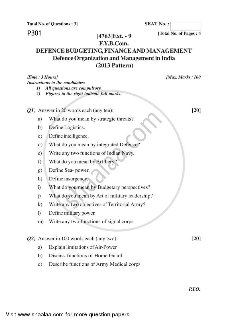 Defence Budgeting Finance and Management Paper 1- Defence Organization and Management in India 2014-2015 - B.Com. - 1st Year (FYBcom) - University of Pune question paper with PDF download