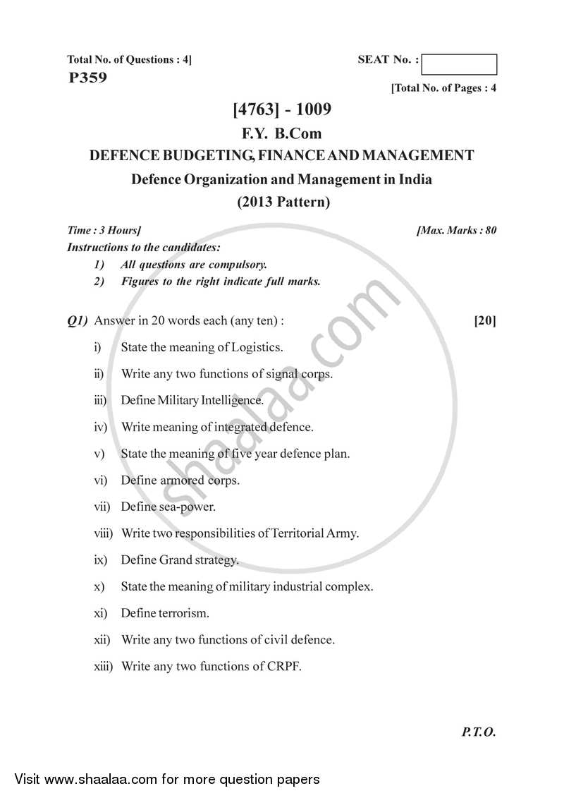 Defence Budgeting Finance and Management Paper 1- Defence Organization and Management in India 2014-2015 - B.Com. - 1st Year (FYBcom) - University of Pune question paper with PDF download