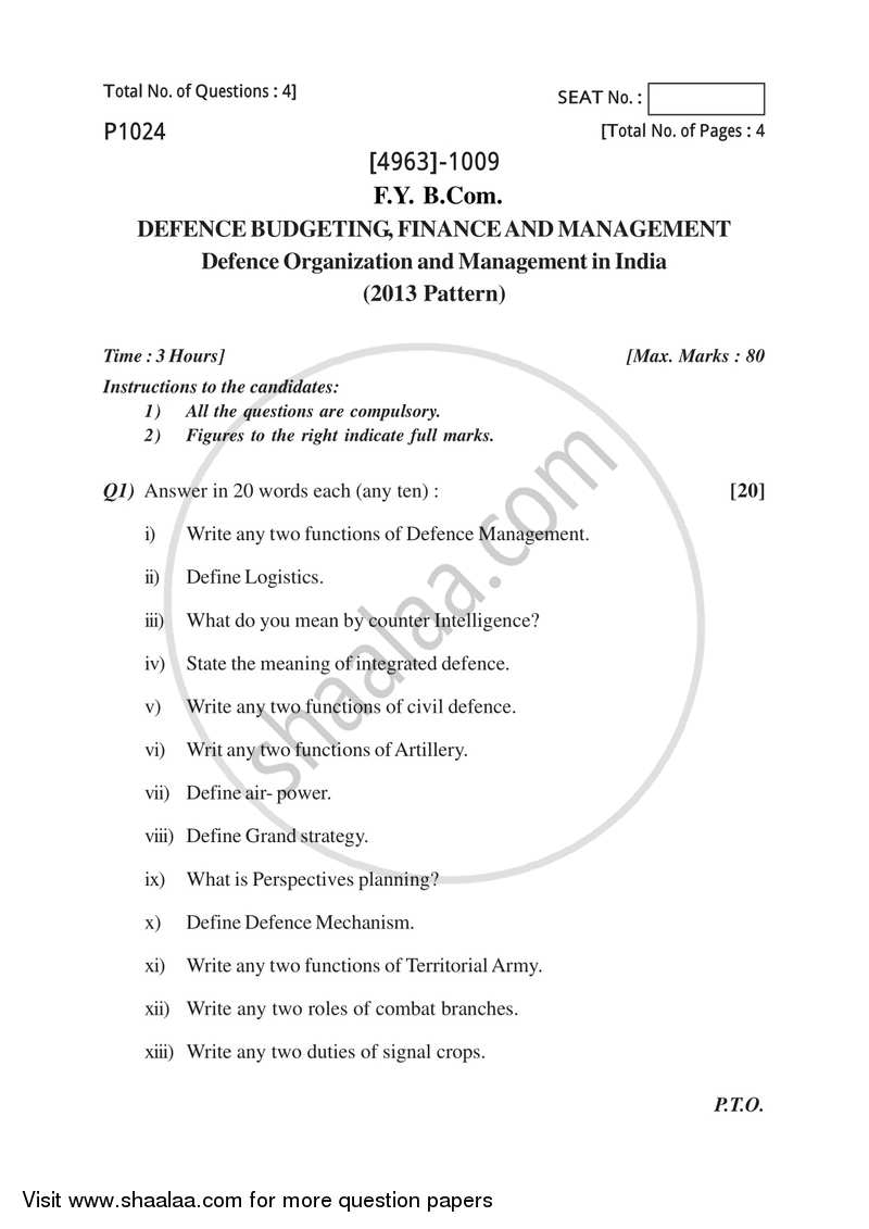 Defence Budgeting Finance and Management Paper 1- Defence Organization and Management in India 2015-2016 - B.Com. - 1st Year (FYBcom) - University of Pune question paper with PDF download