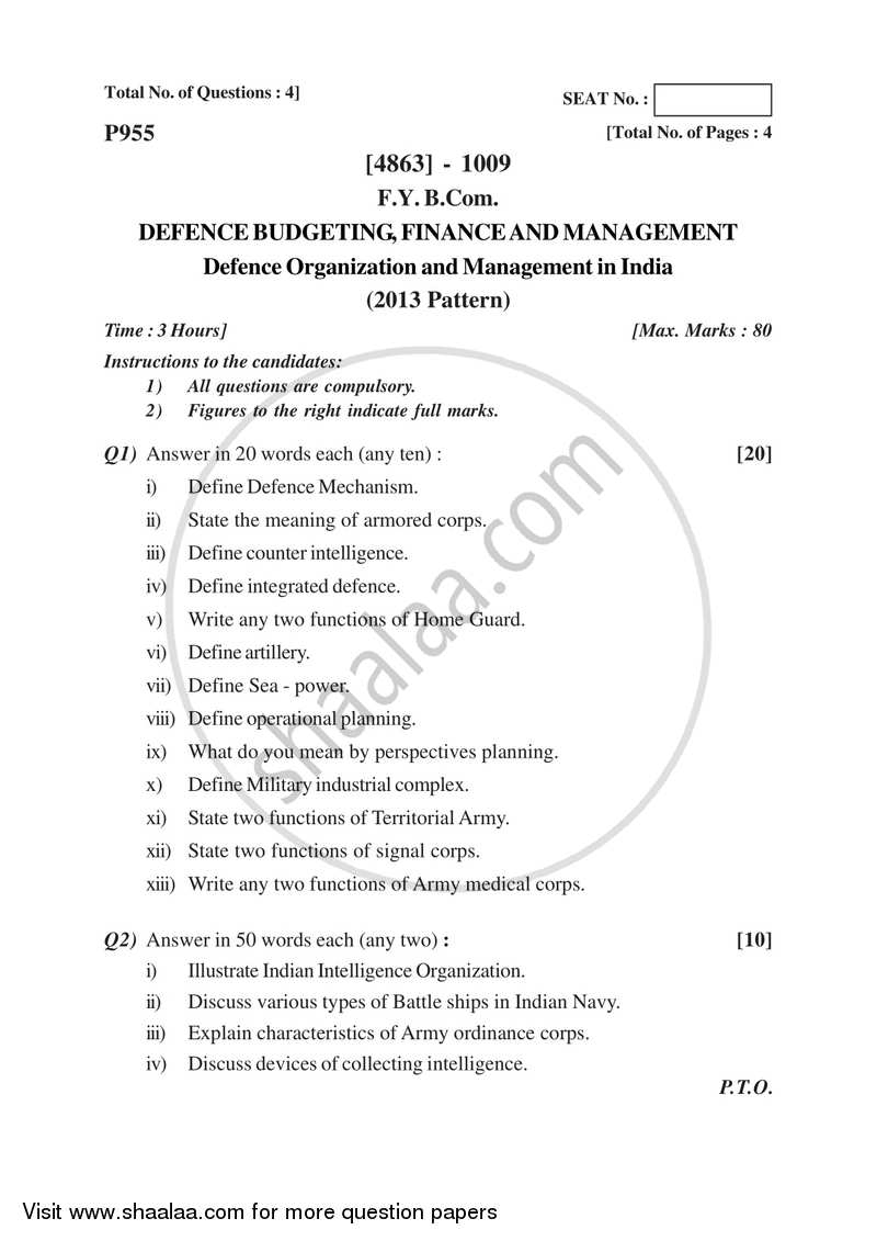 Defence Budgeting Finance and Management Paper 1- Defence Organization and Management in India 2015-2016 - B.Com. - 1st Year (FYBcom) - University of Pune question paper with PDF download