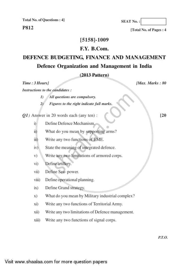 Defence Budgeting Finance and Management Paper 1- Defence Organization and Management in India 2016-2017 - B.Com. - 1st Year (FYBcom) - University of Pune question paper with PDF download