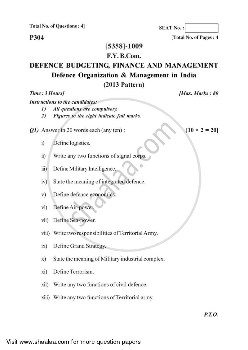 Defence Budgeting Finance and Management Paper 1- Defence Organization and Management in India 2017-2018 - B.Com. - 1st Year (FYBcom) - University of Pune question paper with PDF download