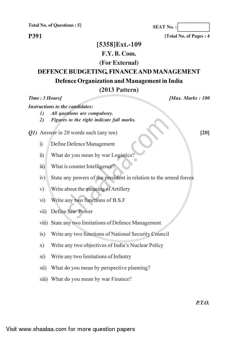 Defence Budgeting Finance and Management Paper 1- Defence Organization and Management in India 2017-2018 - B.Com. - 1st Year (FYBcom) - University of Pune question paper with PDF download