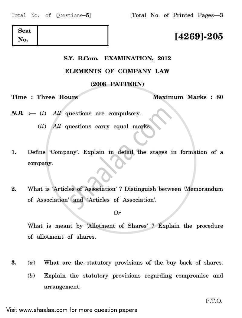 Elements of Company Law 2012-2013 - B.Com. - 2nd Year (SYBcom) - University of Pune question paper with PDF download