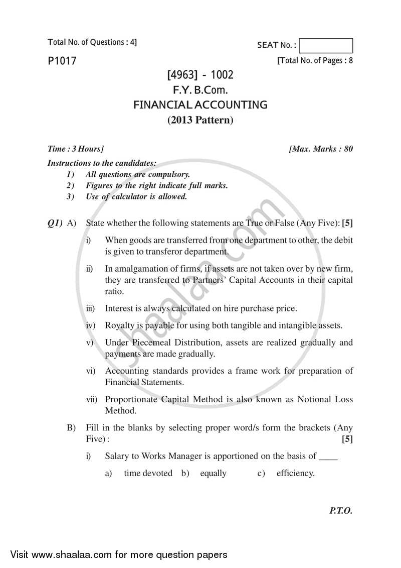Financial Accounting 2015-2016 - B.Com. - 1st Year (FYBcom) - University of Pune question paper with PDF download