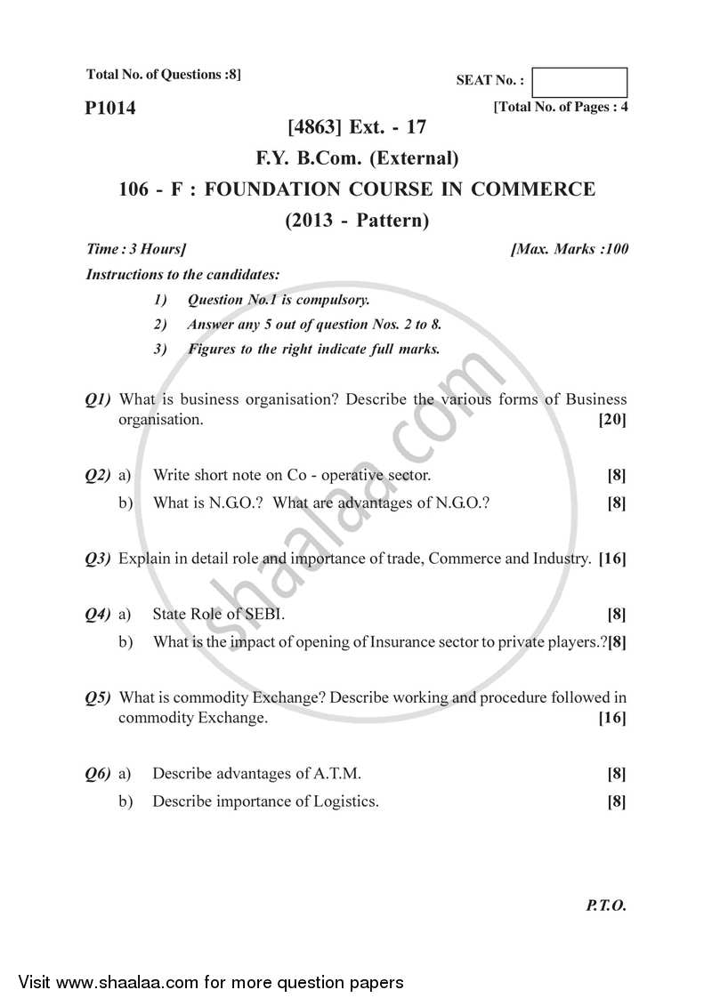 Foundation Course in Commerce 2015-2016 - B.Com. - 1st Year (FYBcom) - University of Pune question paper with PDF download