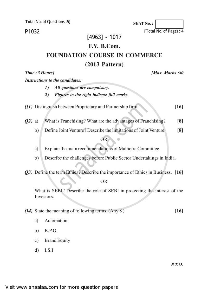 Foundation Course in Commerce 2015-2016 - B.Com. - 1st Year (FYBcom) - University of Pune question paper with PDF download