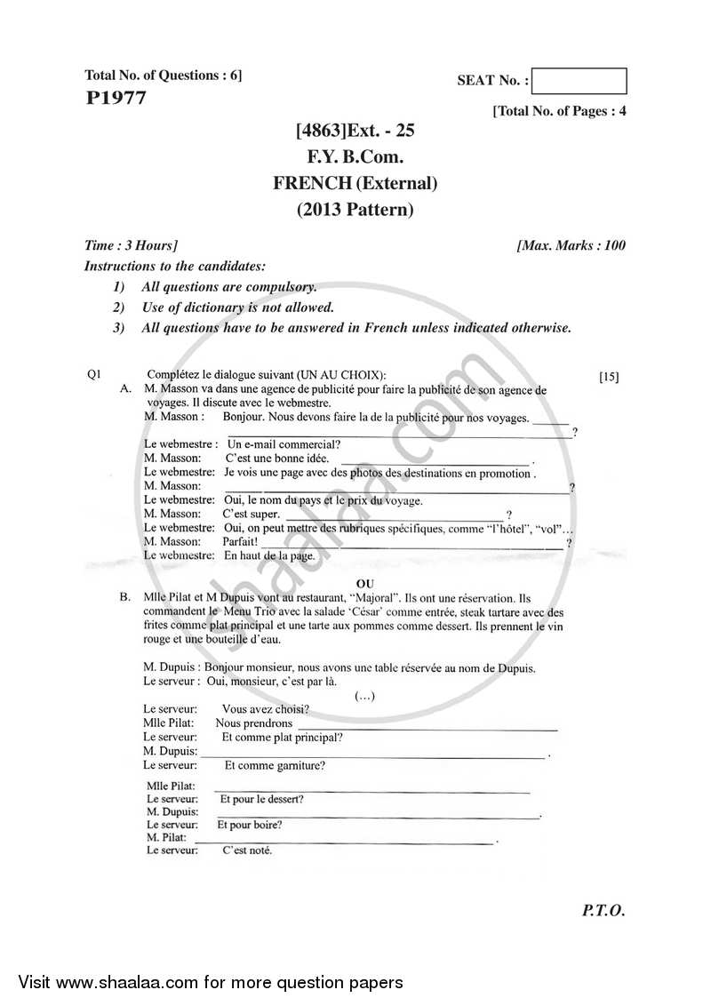 French 2015-2016 - B.Com. - 1st Year (FYBcom) - University of Pune question paper with PDF download