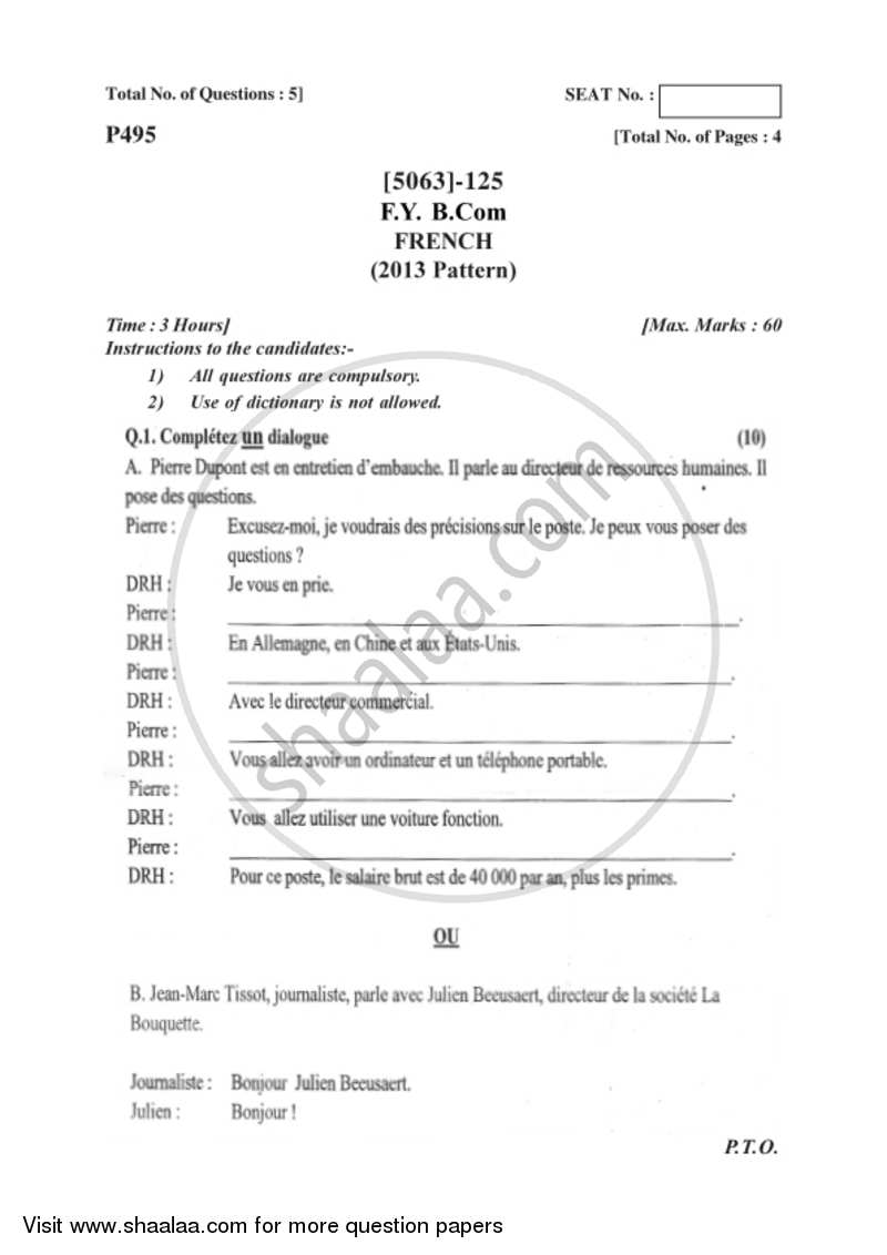 French 2016-2017 - B.Com. - 1st Year (FYBcom) - University of Pune question paper with PDF download