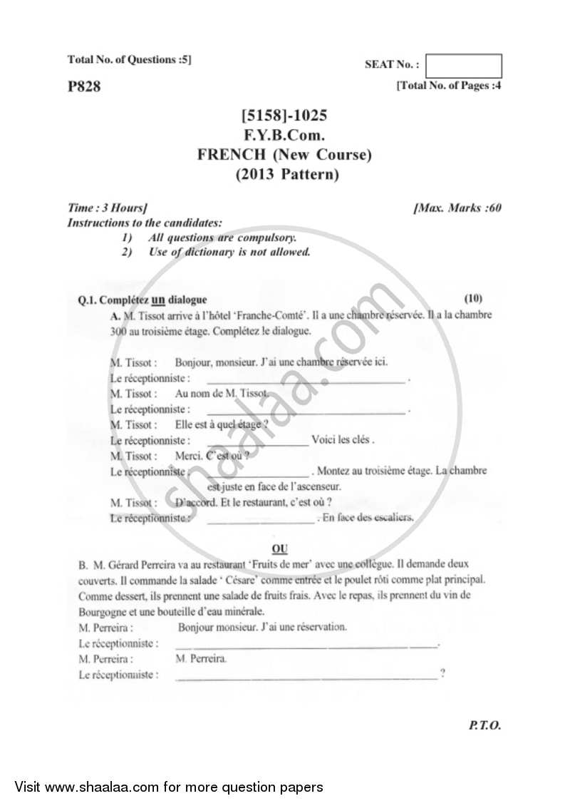 French 2016-2017 - B.Com. - 1st Year (FYBcom) - University of Pune question paper with PDF download