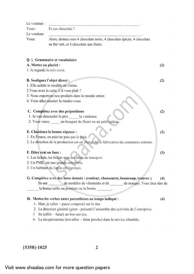 French 2017-2018 - B.Com. - 1st Year (FYBcom) - University of Pune question paper with PDF download